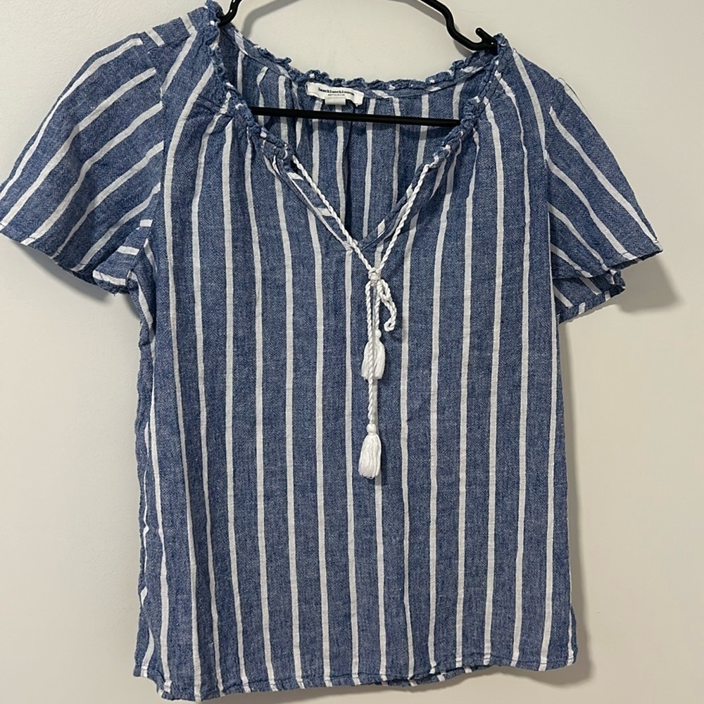 Beach Lunch Lounge 55% Linen 45% Cotton Tassle Blouse Coastal Lagenlook Size XS